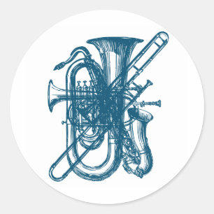 Blauw messing en sax ronde sticker