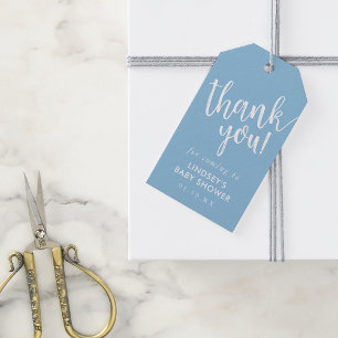 Blauw met de hand beletterd Baby shower dank u voo Cadeaulabel