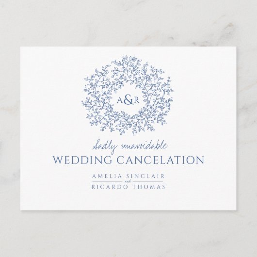 Blauw met de hand getekend bladmonogram trouwannul aankondigingskaart (Voorkant)