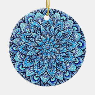 Blauw met de hand getekend Mandala-ontwerp Keramisch Ornament