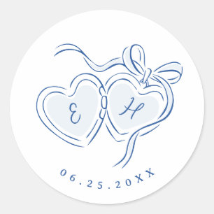 Blauw met de hand getekende harten monogram whimsi ronde sticker