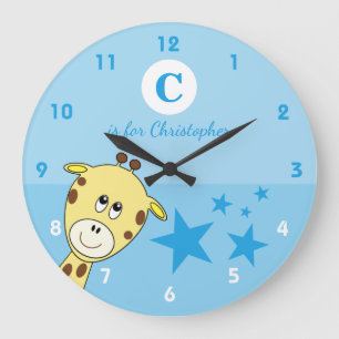 Blauw met een schattige giraffe sterren baby naam grote klok