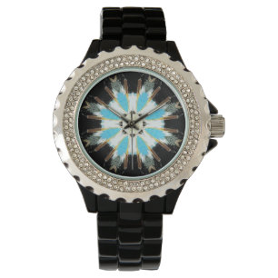 blauw met een ster met een veer die op zwarte tong horloge