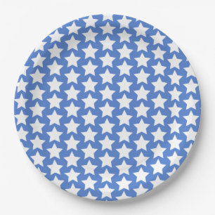 Blauw met een wit stars patroon papieren bordje