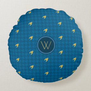 Blauw met Gold Accent Houndstooth Round Pillow Rond Kussen