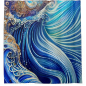 Blauw met gouden Abstracte Ocean Waves Artwork Douchegordijn (Voorkant)
