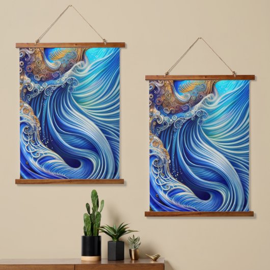 Blauw met gouden Abstracte Ocean Waves Artwork Hangend Wandkleed (Asymmetrisch)