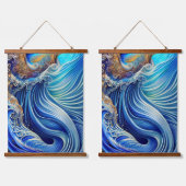 Blauw met gouden Abstracte Ocean Waves Artwork Hangend Wandkleed (Dubbel)