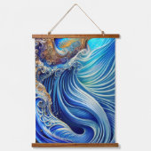 Blauw met gouden Abstracte Ocean Waves Artwork Hangend Wandkleed (Voorkant 2)