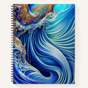 Blauw met gouden Abstracte Ocean Waves Artwork Notitieboek