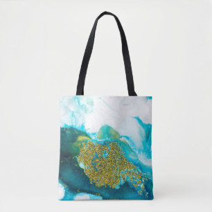 Blauw met gouden glittervloeistofkunst, creatief a draagtas