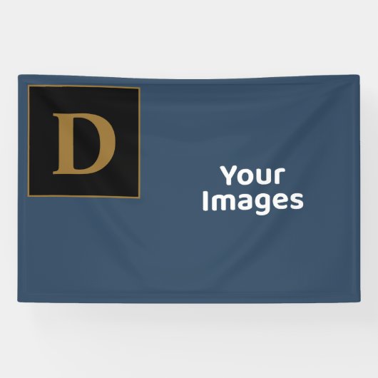 Blauw met gouden Initiaal fotobeeldscherm Spandoek (Horizontaal)