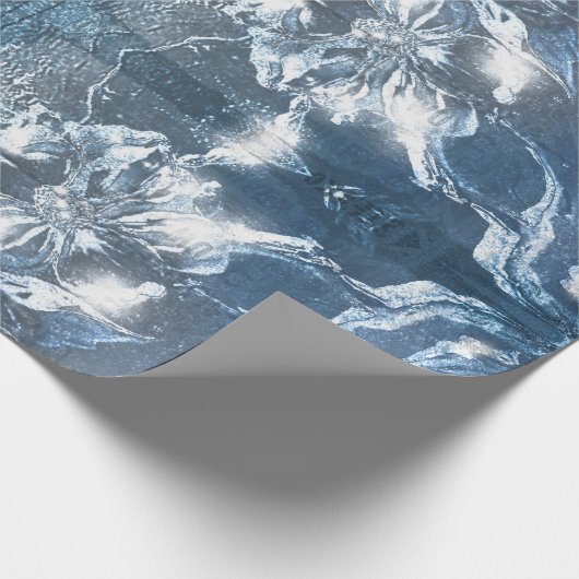 blauw met ingegraven Floral Motif Pattern Glitter Cadeaupapier (Hoek)