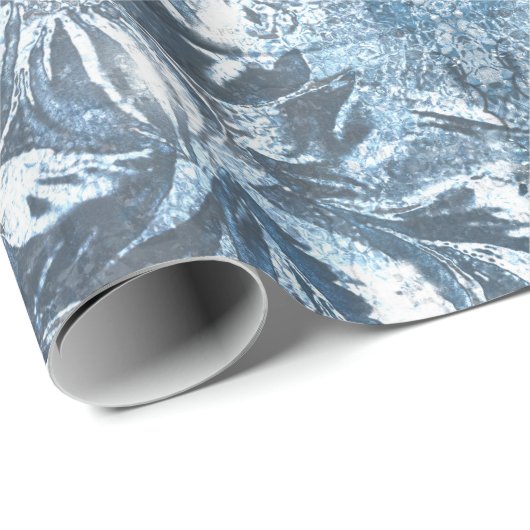  blauw met ingegraven Floral Motif Pattern Glitter Cadeaupapier (Rol Hoek)