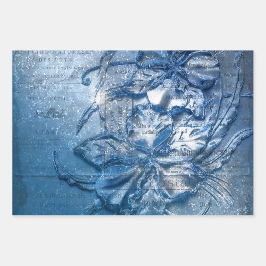 blauw met ingegraven Floral Motif Pattern Glitter Inpakpapier Vel (Voorkant 3)