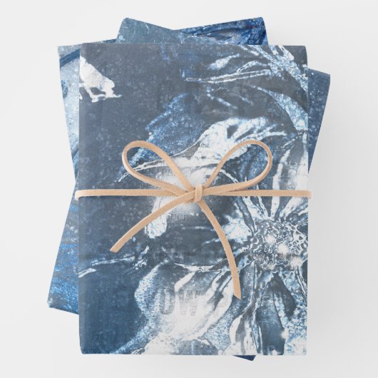 blauw met ingegraven Floral Motif Pattern Glitter Inpakpapier Vel (In situ)