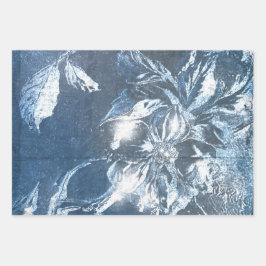 blauw met ingegraven Floral Motif Pattern Glitter Inpakpapier Vel