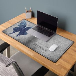 Blauw met juwelen versierde vlinderdamast bureaumat