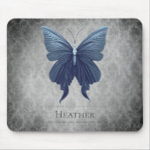 Blauw met juwelen versierde vlinderdamast muismat (Voorkant)