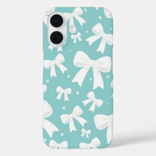Blauw Met Parels & Witte Strikken Coquette iPhone 16 Hoesje