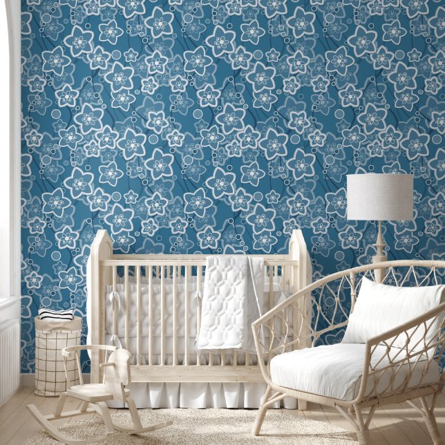 Blauw met wit, blauw, bloemen, bloemig, rustiek, f behang (Kinderen)