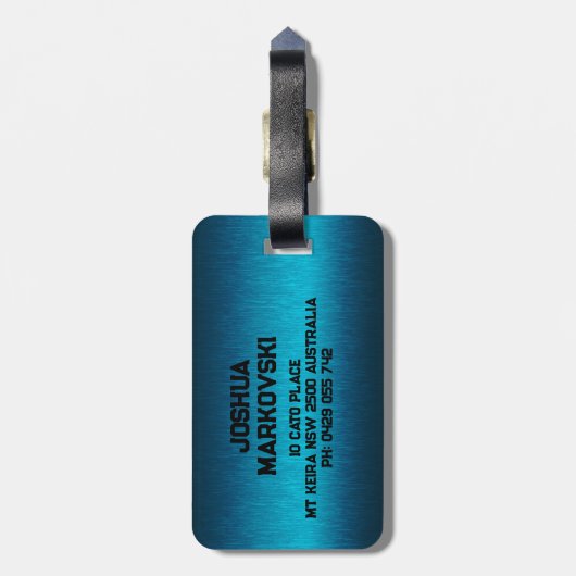 Blauw Metallic Textuur Custom Black Typography Bagagelabel (Achterkant verticaal)
