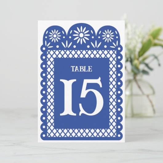 Blauw Mexicaans papieren gehakte tafelnummer (Staand voorkant)