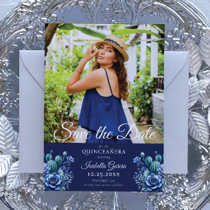 Blauw Mexicaanse Stijl Quinceañera Foto Save the d Aankondiging