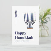 Blauw Minimalistische Waterverf Menora Kaars Hanuk Feestdagenkaart (Staand voorkant)
