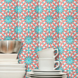 Blauw Mint Red White Gray Mosaic Geometric Pattern Tegeltje