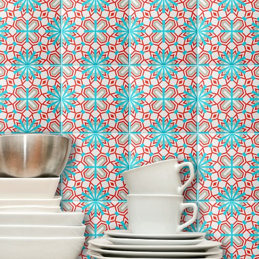 Blauw Mint Red White Gray Mosaic Geometric Pattern Tegeltje