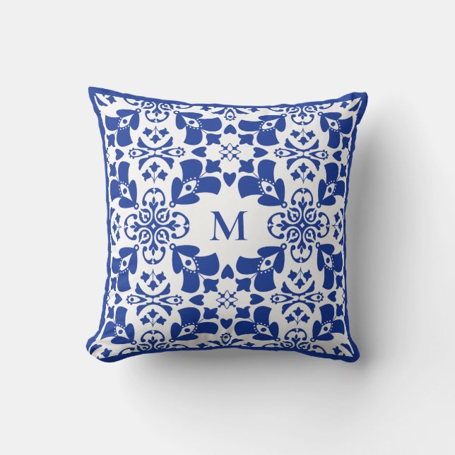 Blauw modern bloempatroon elegant eenvoudig monogr kussen (Voorkant)