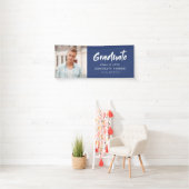 Blauw Modern Brush Script Foto Afstudeerfeest Spandoek (Insitu)