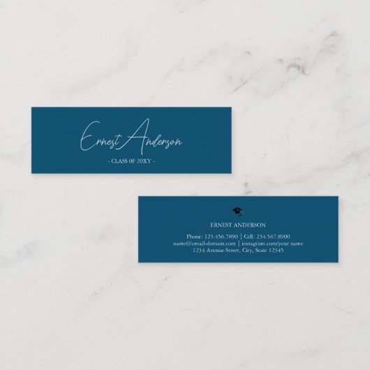 Blauw Modern Elegant Afstuderen Naam Invoegen Kaar Mini Visitekaartje (Voorkant / Achterkant)