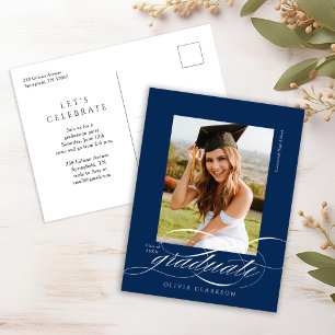 Blauw Modern Elegant Script Photo Graduation Party Briefkaart