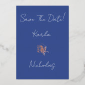 Blauw Modern Floral Save The Date Folie Kaart (Achterkant)