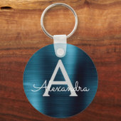 Blauw modern namaak roestvrij staal monogram sleutelhanger (Voorkant)