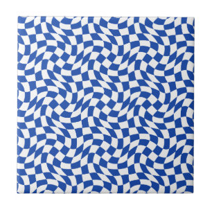 Blauw modern retro spiraal geruit tegeltje