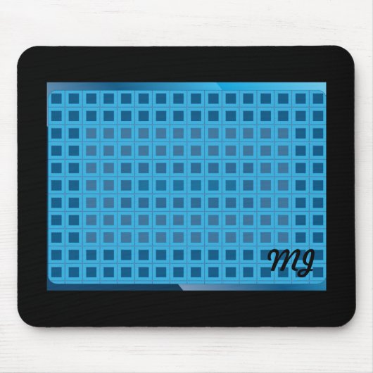 Blauw Modern Squares met Initialen Muismat (Voorkant)