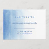 Blauw modern waterverf strand bruiloft detail kaar informatiekaartje (Voorkant)