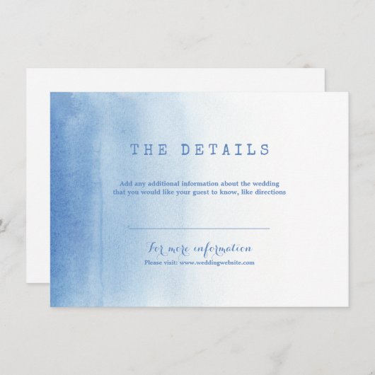 Blauw modern waterverf strand bruiloft detail kaar informatiekaartje (Voorkant / Achterkant)