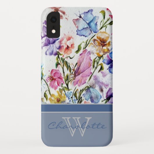 Blauw Moderne Bloemen en Vlinder Monogram Naam Case-Mate iPhone Case (Achterkant)