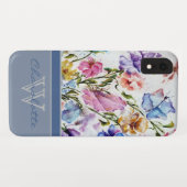 Blauw Moderne Bloemen en Vlinder Monogram Naam Case-Mate iPhone Case (Achterkant (horizontaal))
