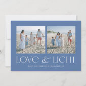 Blauw Moderne Hanukkah Liefde & Licht 2-Foto Feestdagenkaart (Voorkant)