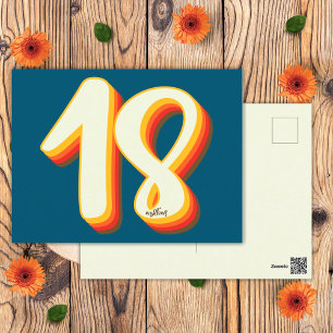 Blauw Moderne Retro Groovy Achttiende 18e Verjaard Briefkaart