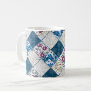 Blauw modieus rustiek patroon van lapjes stof koffiemok