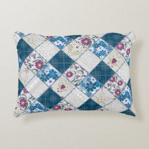 Blauw modieus rustiek patroon van stoffenresten accent kussen