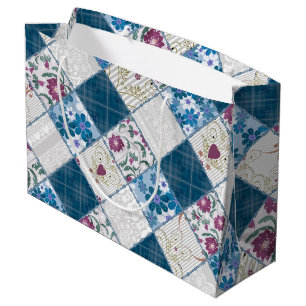 Blauw modieus rustiek patroon van stoffenresten groot cadeauzakje