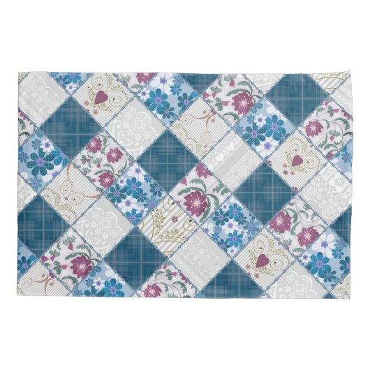 Blauw modieus rustiek patroon van stoffenresten kussensloop (Achterkant)