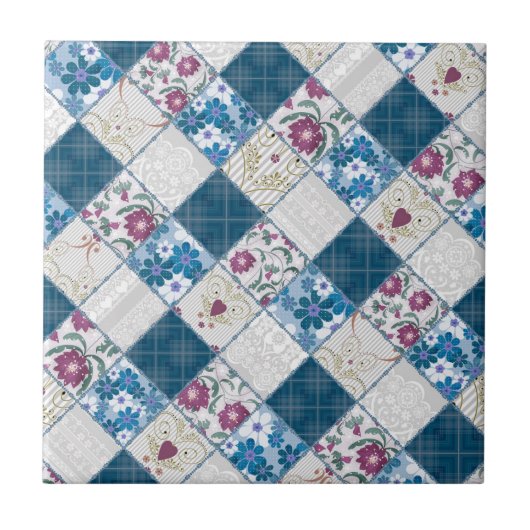 Blauw modieus rustiek patroon van stoffenresten tegeltje (Voorkant)